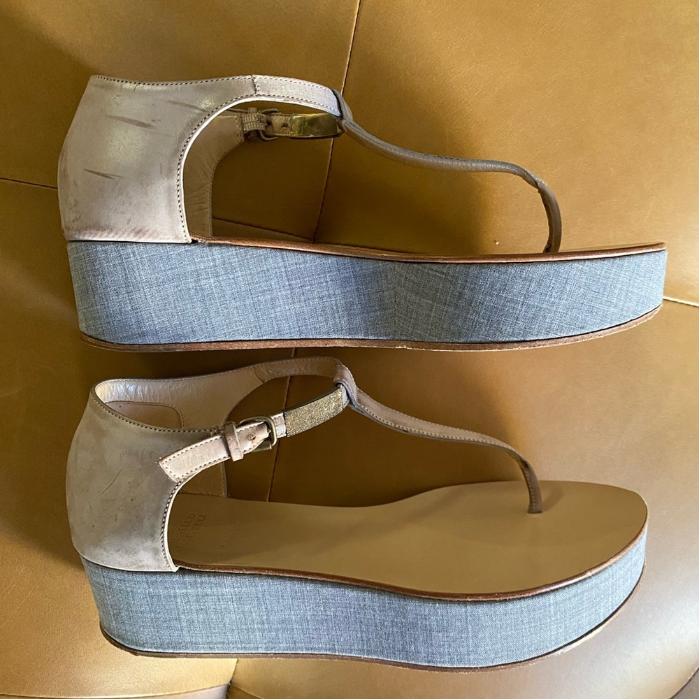 Brunello Cucinelli Platform T-Strap Sandals Gray Brown Size 36.5 Italian Wedge
